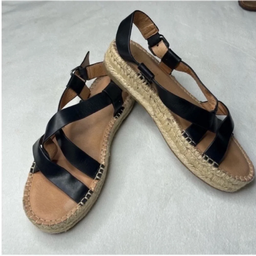 Madewell Malia Black Leather Cross-Strap Espadrille Platform Sandal Size 8.5